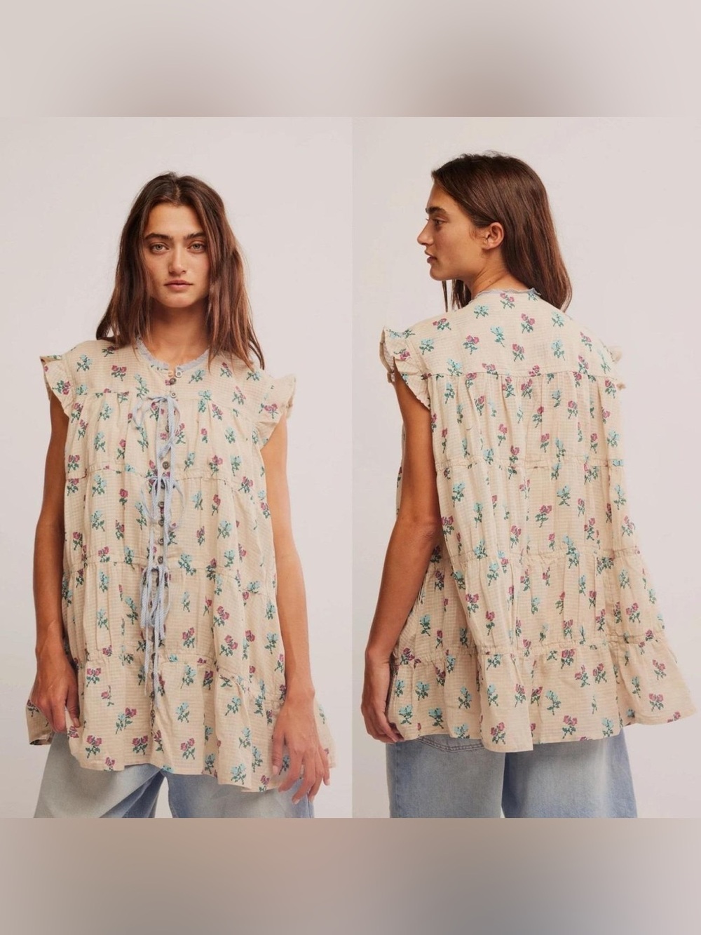 Free People Sundown Dress Ivory Floral Tiered Ruffle Cotton small cottageco